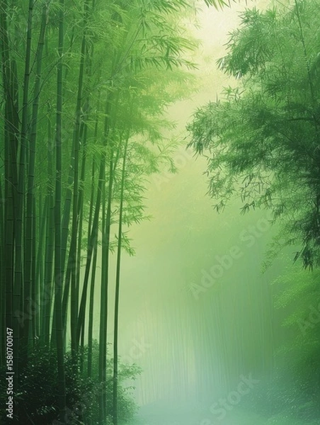 Fototapeta A tranquil bamboo forest, with its vibrant green foliage, evokes a sense of peace and a soft, misty atmosphere, perfect for a nature scene