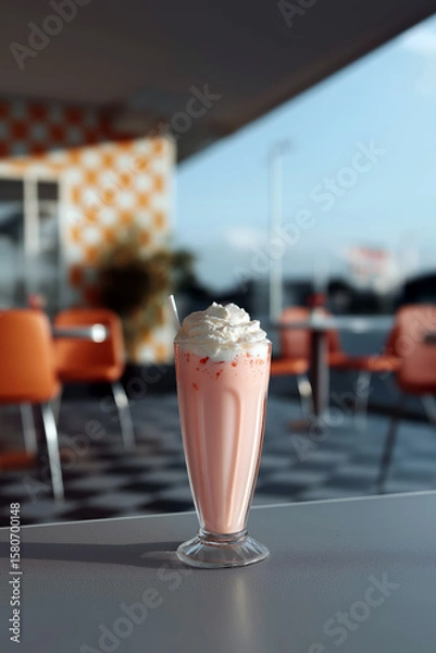 Fototapeta Classic strawberry milkshake with whipped cream in retro diner at sunset