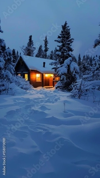Fototapeta A cozy cabin glows with warm light amidst a snowy winter scene, offering a tranquil escape and inviting atmosphere in nature's embrace