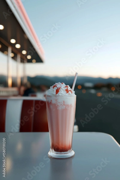 Fototapeta Classic strawberry milkshake with whipped cream in retro diner at sunset