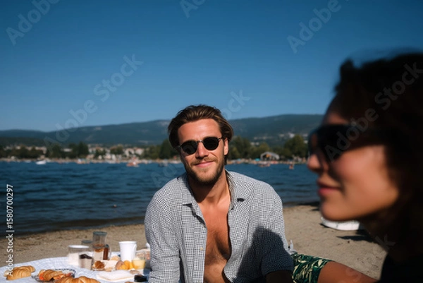 Fototapeta Young man smiling at beach picnic on summer day with mountains and lake in background
