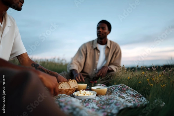 Fototapeta Romantic young man enjoying beach sunset picnic with dreamy expression and ocean view