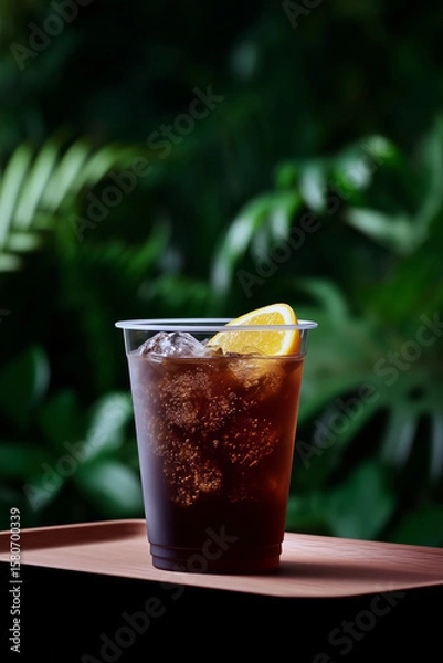 Fototapeta Iced coffee in plastic cup with orange slice near window during sunset with nature view