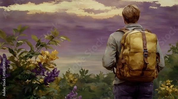 Fototapeta Adventurer with backpack enjoying serene sunset in nature