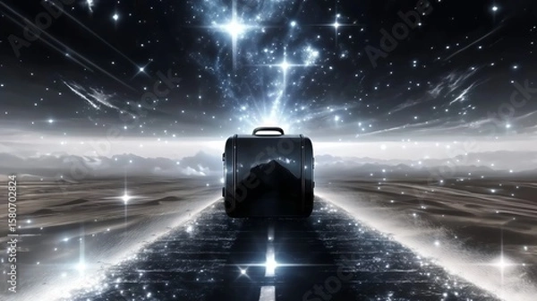 Fototapeta Suitcase on cosmic highway: surreal journey under a starry sky