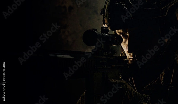 Fototapeta closeup face of a soldier aiming his target in darkness, war consept in hyper realistic illustration