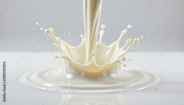 Obraz Dynamic splash of fresh white milk creating a crown shape with droplets and concentric ripples on a bright clean surface