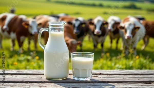 Obraz Fresh milk in a glass pitcher and cup sits on a rustic wooden table dairy cows graze in a vibrant green field