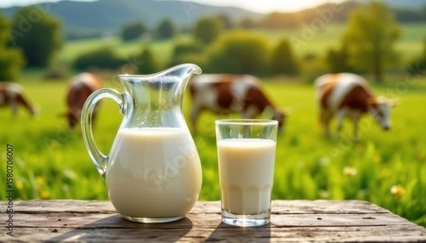 Obraz A glass pitcher and a full glass of fresh milk sit on a rustic wooden table Dairy cows graze in a bright green pasture