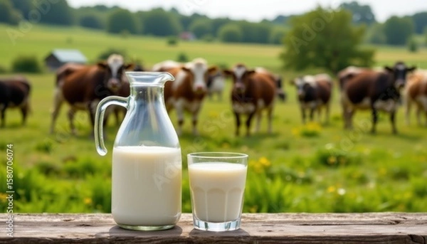Obraz Fresh milk in a glass pitcher and drinking glass on a weathered wooden table Cows graze in a vibrant green meadow