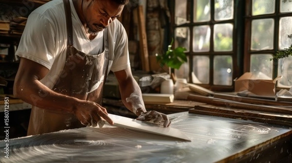 Fototapeta Generated title for shihab_99_A_print_shop_worker_aligning_paper_under_cutter_blade_0cd044c4-d7f9-4ec6-967b-141fffd0c298_4-topaz-enhance-4x-faceai.jpeg