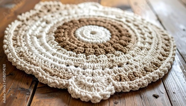 Obraz Handcrafted Round Macrame Mat with Natural Tones on Rustic Wooden Surface for Cozy Home Decor