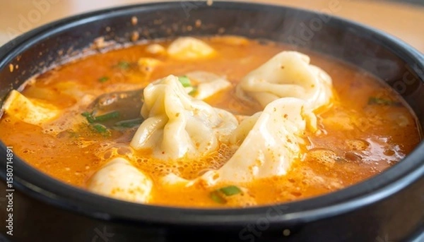 Obraz Warm and Delicious Bowl of Spicy Soup with Dumplings and Tofu in a Black Bowl