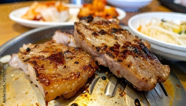 Obraz Grilled Pork Chops on Plate with Side Dishes in Restaurant Setting Rich in Flavor and Color