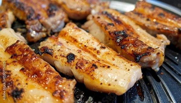 Obraz Grilled Pork Belly Strips on Charcoal Grill with Golden Brown Fats and Crisp Edges Ready to Serve