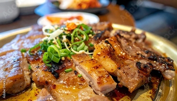 Obraz Grilled Meat with Green Onions on a Gold Plate Surrounded by Side Dishes in a Restaurant Setting