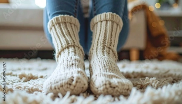 Obraz Cozy Knit Socks on a Warm Rug Near a Soft Couch in a Stylish Living Room Ambiance Decor