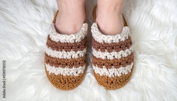 Obraz Cozy Handcrafted Crochet Slippers with Striped Design for Comfort and Indoor Use