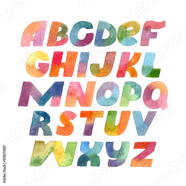 Obraz Colorful raster bold letters hand drawn with brush and gradient watercolor isolated on white background. Large font illustration with letters sequence from A to Z in bright colors. English characters