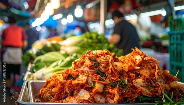 Obraz Colorful Street Market Display of Fresh Vegetables and Spicy Kimchi in Vibrant Night Setting