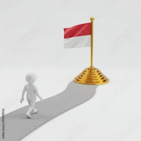 Fototapeta 3d figure walking towards Indonesian flag isolated on white background
