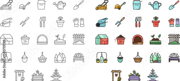 Obraz Full garden icon pack in outline and color styles with tools and plants