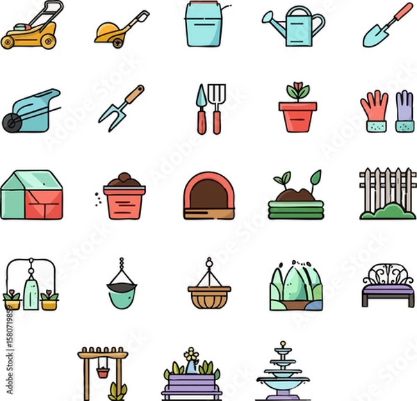 Obraz Colorful gardening icon set with tools, plants, and decorations