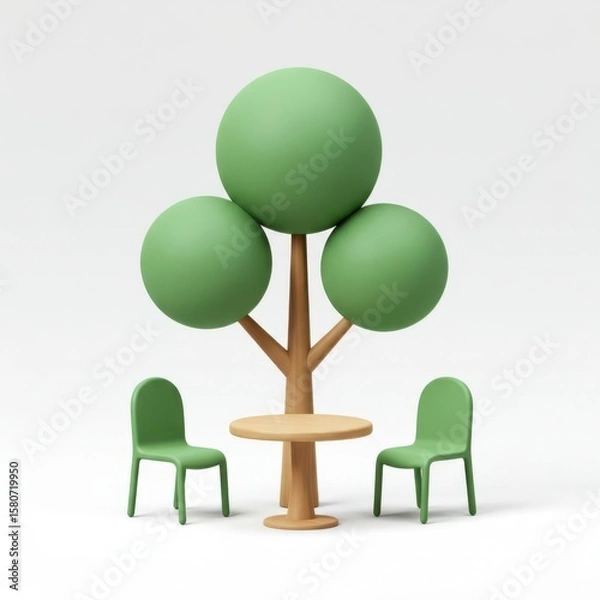 Fototapeta 3d minimalist tree with table and chairs isolated on white background