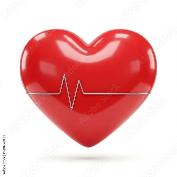 Fototapeta 3d red heart with ecg line isolated on white background
