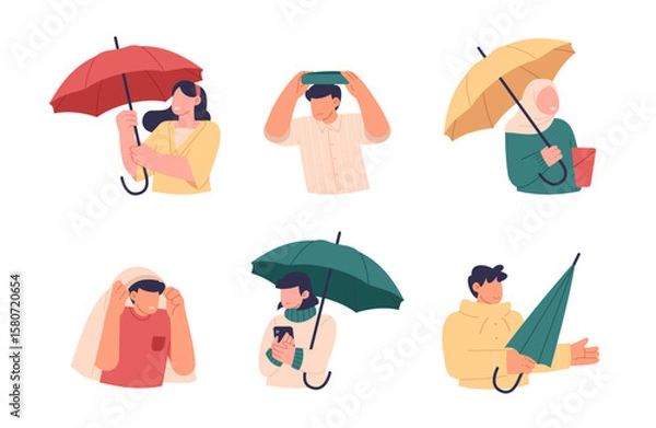 Fototapeta Men and women set holding umbrellas, wearing raincoat, and jacket in rainy weather. Set of people character trapped in the rain. Flat vector illustration isolated on white background