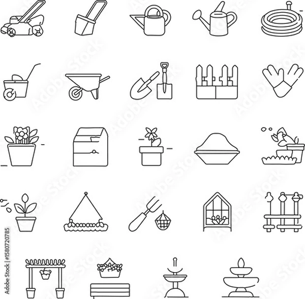 Obraz Minimal line icon set of gardening tools and outdoor elements