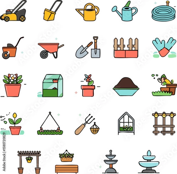 Obraz Colorful gardening icon set with tools, plants, and decorations