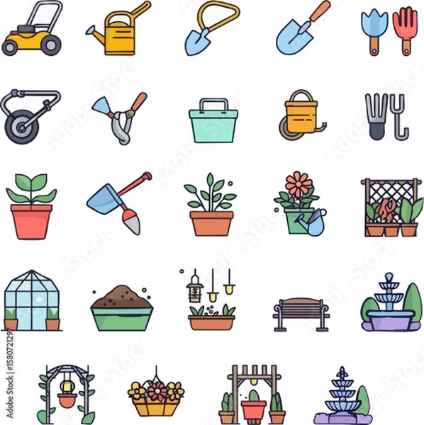 Obraz Colorful gardening icon set with tools, plants, and decorations