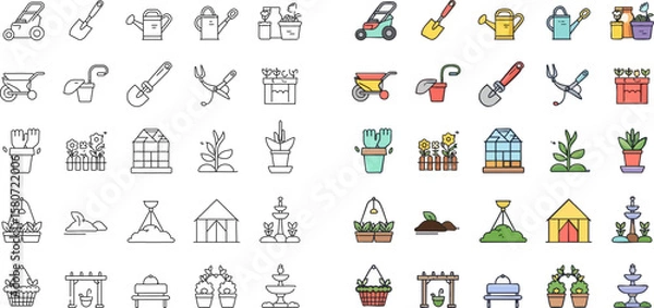 Obraz Full garden icon pack in outline and color styles with tools and plants