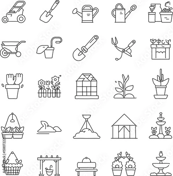 Obraz Minimal line icon set of gardening tools and outdoor elements