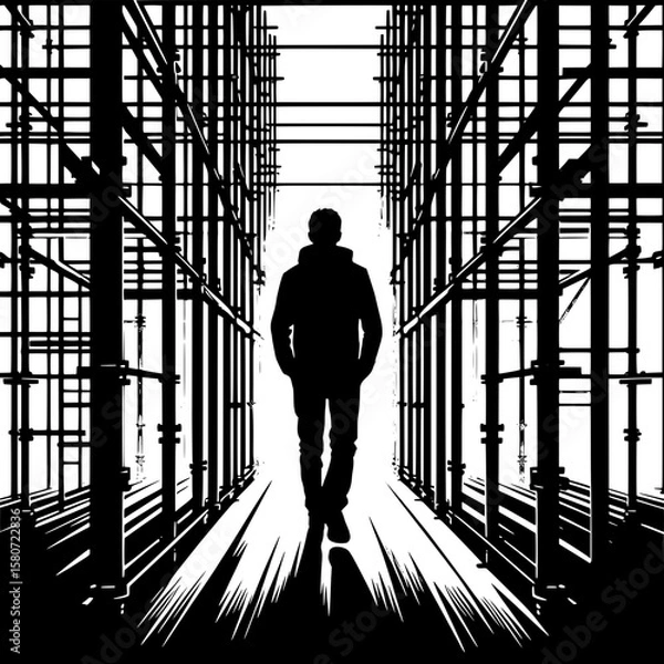 Fototapeta Black and White Vector Silhouette of a Man Walking Through Scaffolding