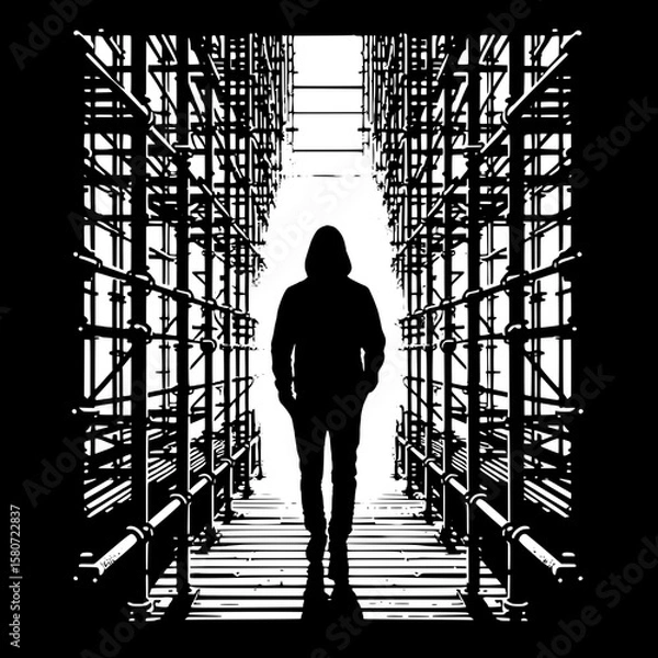 Fototapeta Black and White Vector Silhouette of a Man Walking Through Scaffolding