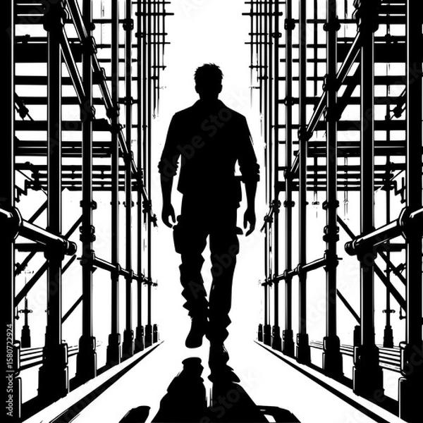 Fototapeta Black and White Vector Silhouette of a Man Walking Through Scaffolding