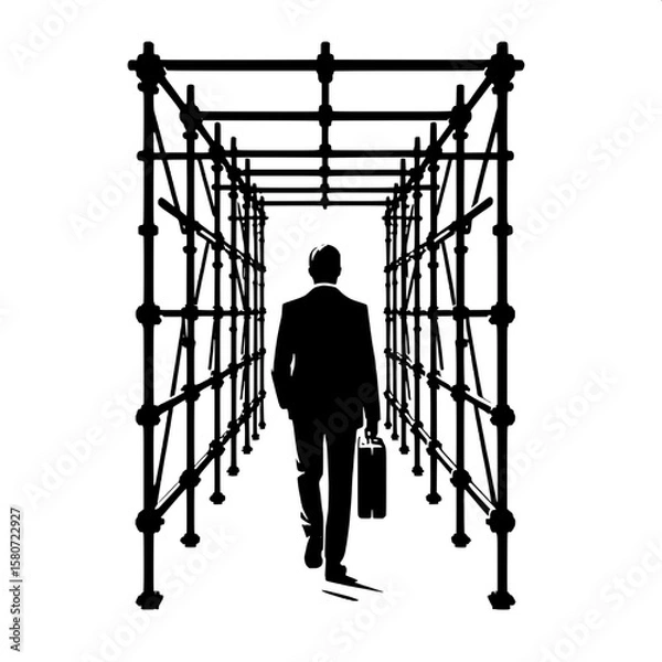 Fototapeta Black and White Vector Silhouette of a Man Walking Through Scaffolding