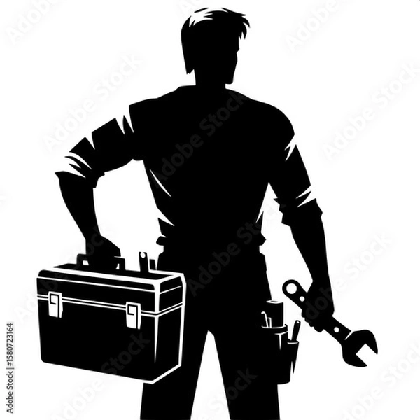 Fototapeta Black and White Vector Silhouette of a Man Carrying a Toolbox