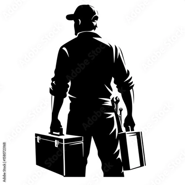 Fototapeta Black and White Vector Silhouette of a Man Carrying a Toolbox