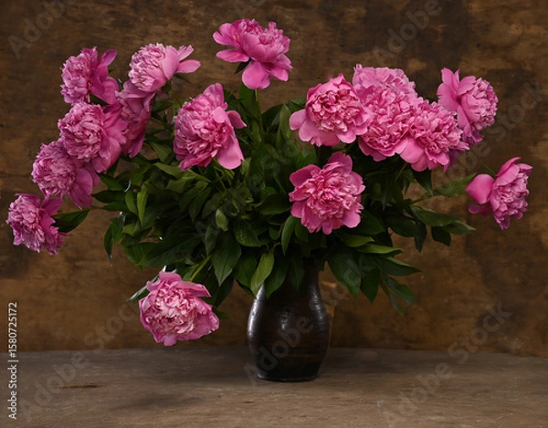 Fototapeta Bright pink peonies in a rustic vase against a textured brown background during soft afternoon light