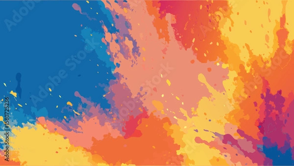 Fototapeta Abstract watercolor painting with a blend of blue, yellow, orange, and pink colors creating dynamic splashes