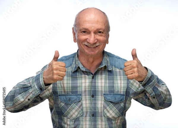 Fototapeta Cheerful senior man showing thumbs up expression with a friendly smile against a plain background