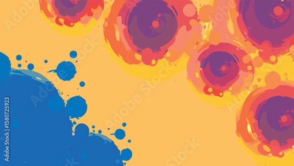 Fototapeta Abstract painting with blue splatters and circular forms in orange and purple tones on a yellow background
