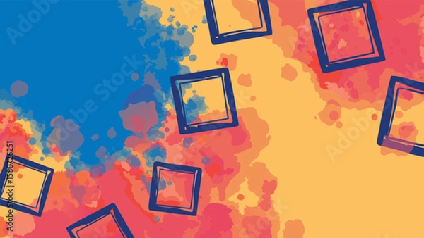 Fototapeta Abstract background with watercolor splashes and dark blue square outlines scattered around it all over