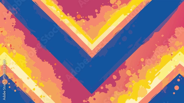 Fototapeta Abstract chevron pattern with splattered watercolor effect in shades of blue yellow pink and orange hues