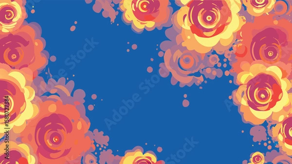 Fototapeta Floral arrangement with roses in shades of pink orange and yellow against a blue background creating a frame
