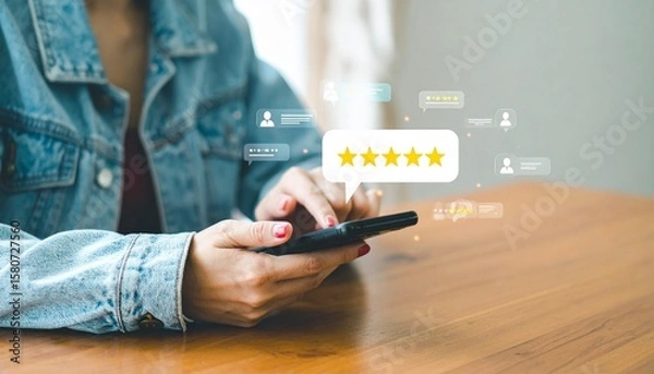 Fototapeta Customer Review and Satisfaction Feedback via Mobile Survey Interface, review, client, survey, service, feedback, online, satisfaction, client happy, star, reputation, 5, phone, 

