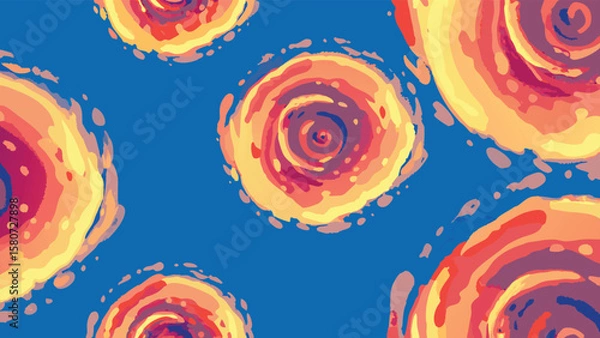 Fototapeta Abstract background with stylized floral or cosmic shapes in warm colors on a blue backdrop design